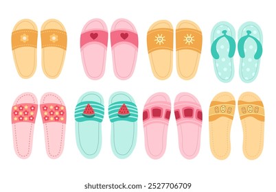 Sapatilhas de borracha de verão ou chinelos flip para a praia. Verão ilustração plana brilhante de sapatos diferentes para o verão