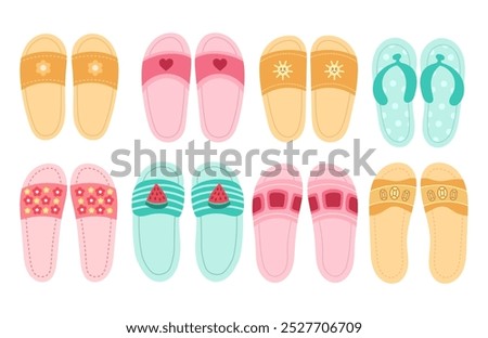 Summer rubber slippers or flip flops for the beach. Summer bright flat illustration of different shoes for summer