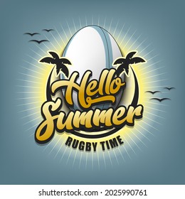Summer rugby logo. Hello summer. Rugby time. Pattern for design poster, logo, emblem, label, banner, icon. Rugby template on isolated background. Vector illustration