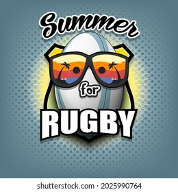 Summer rugby logo. Summer for rugby. Pattern for design poster, logo, emblem, label, banner, icon. Rugby template on isolated background. Vector illustration