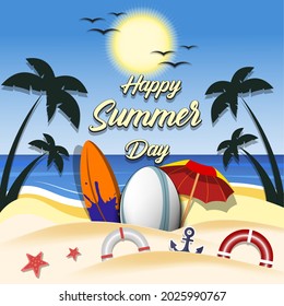 Summer rugby poster. Happy summer day. Pattern for design poster, logo, emblem, label, banner, icon. Rugby template on isolated background. Vector illustration