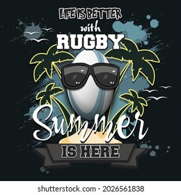 Summer rugby poster. Life is better with rugby. Summer is here. Pattern for design poster, logo, emblem, label, banner, icon. Grunge style. Vector illustration