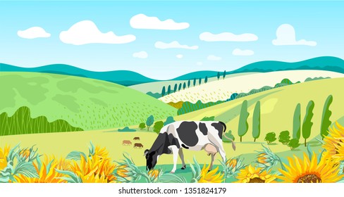 Summer rural background with cows. Vector illustration.