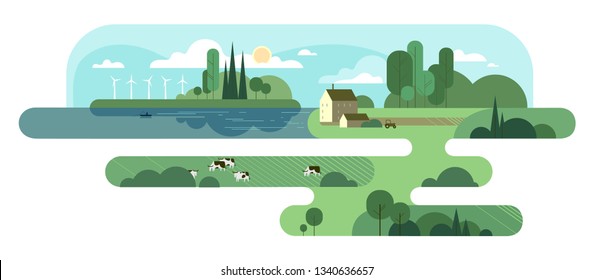 Summer rural background with cows and windmills. Vector illustration.