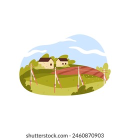 Summer rural green landscape with farmers houses on hills, power poles on fields vector illustration