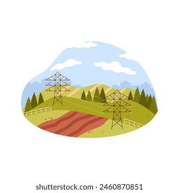 Summer rural green landscape with power lines, brown arable land vector illustration