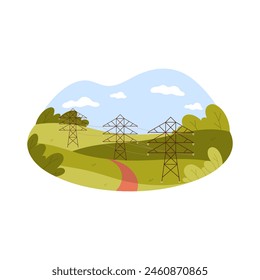 Summer rural green landscape with power line infrastructure, aerial view vector illustration