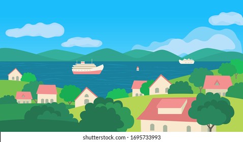 Summer rural green valley landscape flat color vector. Blue river village scenic view poster. Town houses on lake bank panoramic cartoon. River boating scene background. Rural community illustration