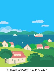 Summer rural green valley landscape flat color vector. Blue river village scenic view poster. Town houses on lake bank cartoon. River boating scene background. Riverside rural community illustration