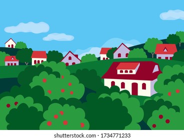 Summer rural green valley landscape flat color vector. farmland village scenic view poster. Town houses in orchard trees cartoon. Country fruite garden scene background. Rural community illustration