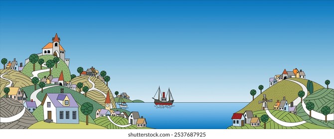 Summer rural hilly landscape with small villages and port by the sea. Naive style.