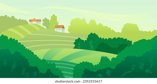 Sommerlandschaft mit landwirtschaftlichen Feldern. Vorlage für Ökologie-Poster. Panoramasicht. Vektorgrafik im Flachstil.