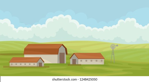 Summer rural landscape with barn, field with green grass, agriculture and farming vector Illustration on a white background