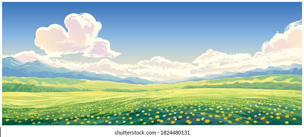 Summer rural landscape with blooming glade with dandelions in the foreground.