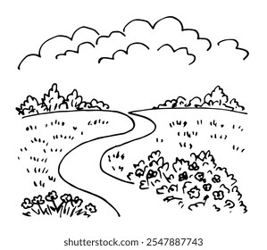 Paisaje rural de verano, naturaleza del campo. Prado floreciente, carretera, colinas y vegetación, arbustos, árboles, nubes en el cielo. Boceto de tinta de Vector simple.