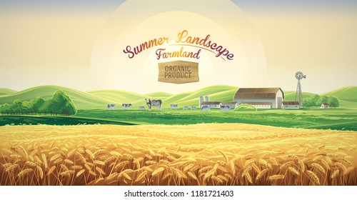 Summer rural landscape with cows and farm, and wheat field, dawn above hills, with tematic label.