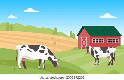 Summer rural landscape with cows. Farm in green field with blue sky. Dairy products farming concept. Vector illustration.