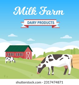 Summer rural landscape with cows and farm in green field with blue sky. Dairy products farming concept. Vector illustration.