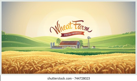 Summer rural landscape, dawn above hills with wheat field and farm. Vector illustration. 