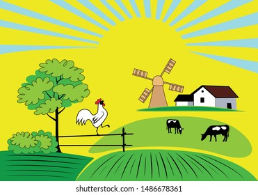 Summer rural landscape with family farming. Vector illustration of organic farm with of cows, chicken and trees.