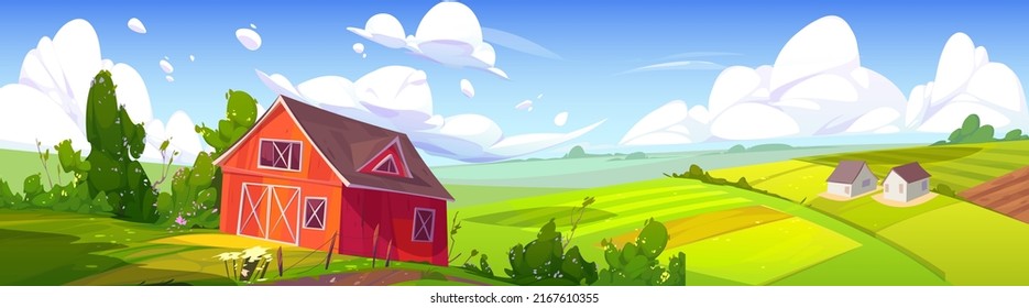 Summer rural landscape with farm barn, green agriculture fields and village houses. Vector cartoon illustration of countryside panorama, farmland with wooden granary, road, fence, trees and bushes