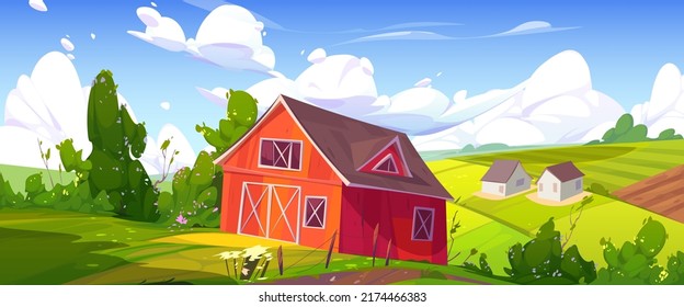 Summer rural landscape with farm barn, green agriculture fields and village houses. Vector cartoon illustration of countryside panorama, farmland with wooden granary, road, fence, trees and bushes