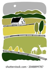 Summer rural landscape with a farm. Hand-drawn illustration in a flat style