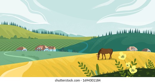 Summer rural landscape with field, trees, grass and a horse. Ecologically clean area with sky and clouds. The village in the summer. Vector stock flat style illustration or background for eco products