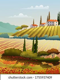 Paisaje rural de verano con campos y granjas