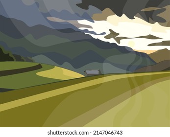 Summer rural landscape with fields and a house against the backdrop of mountains and sky.