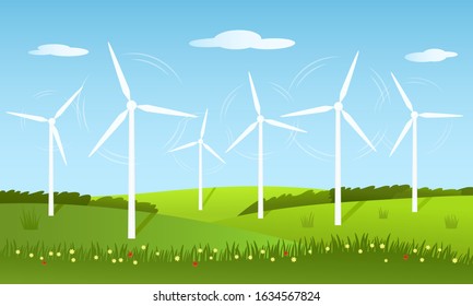 Summer rural landscape with green grass lawns and alternative energy sources with the rotation of windmills. The concept of environmental power. vector illustration