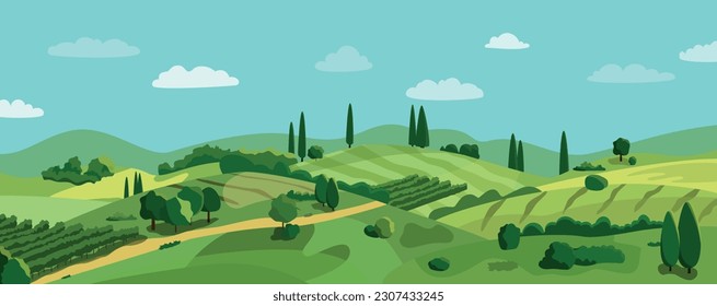 Summer rural landscape with green hills, vineyards, and fields. Vector illustration. Flat design banner. European summer