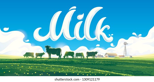 Summer rural landscape with a herd of cows and a farm, against on the background of the inscription and splashes of milk.