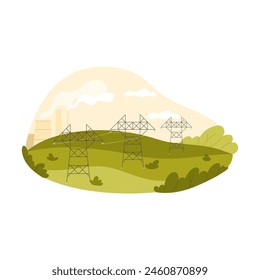 Summer rural landscape with high voltage power line and transmission towers through fields vector illustration