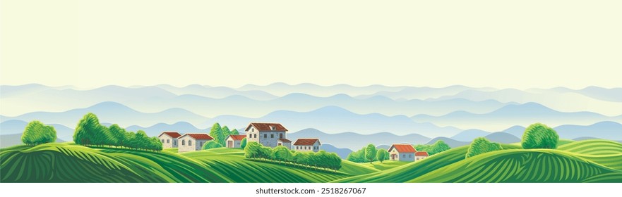 Paisagem rural de verão, com colinas e campos agrícolas e jardins, e casas de vilarejos, no topo de uma colina. Ilustração vetorial.