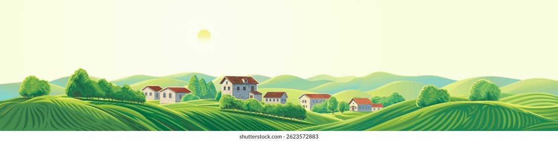 Summer rural landscape, with hills and agriculture fields and gardens, and village houses, on top of a hill. Vector illustration.