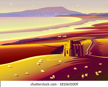 Summer rural landscape with house, sheeps, fields, meadows and hills in the background. Handmade drawing vector illustration. Retro style poster.