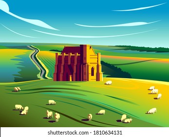 Summer rural landscape with house, sheeps, fields, meadows and hills in the background. Handmade drawing vector illustration. Retro style poster.