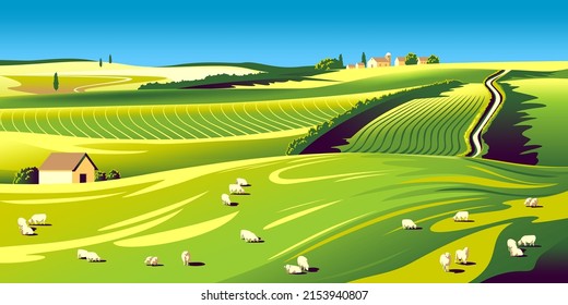 Paisaje rural de verano con casa, ovejas, campos, prados y colinas en el fondo. Ilustración de vector de dibujo hecha a mano.