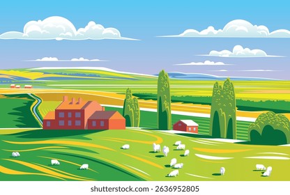 Summer rural landscape with house, sheeps, fields, meadows and hills in the background. Handmade drawing vector illustration. Can be used to make books, banners, posters, etc.