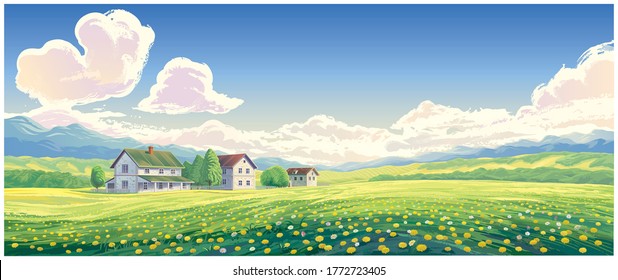 Summer rural landscape with houses and blooming glade in the foreground. Vector illustration.