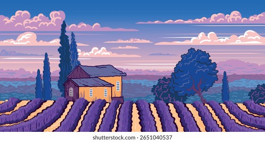 Summer rural landscape with houses, lavender fields, trees, meadows and hills in the background. Handmade doodle drawing vector illustration. Can be used to make books, banners, posters, etc.