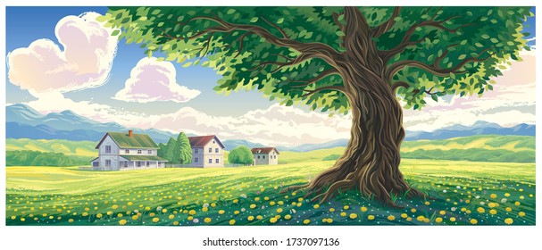 Summer rural landscape with houses and an old tree in the foreground
