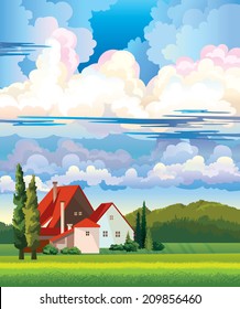 Summer rural landscape - hut with red roof and green meadow on a cloudy sky. Nature vector.