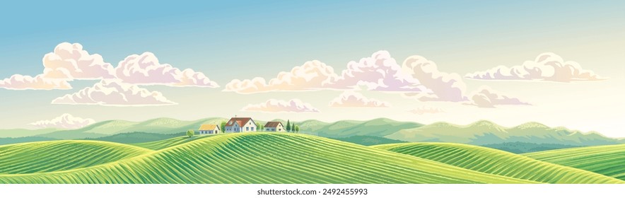 Summer rural landscape panoramic format, with hills and agriculture fields and village, on top of a hill. Vector illustration.