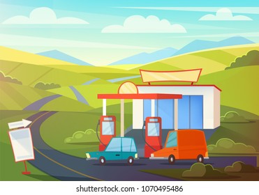 Summer Rural Landscape Scene with Gas Station, Hills and Sky. Oil, Petrol Fueling with Cartoon Cars. Vector illustration