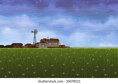 Summer rural landscape - small farm over green meadow (other images from this series are in my gallery)