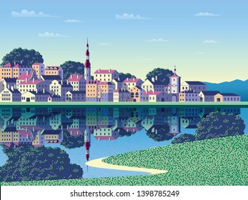 Summer Rural Landscape With The Small Town, River And Trees In The Background. Handmade Drawing Vector Illustration. Pop Art Style Poster. All Objects Are Grouped Into Different Layers.