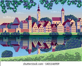 Summer rural landscape with the small town, river and trees in the background. Handmade drawing vector illustration. Pop art style poster. All objects are grouped into different layers. 