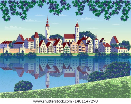 Summer rural landscape with the small town, river and trees in the background. Handmade drawing vector illustration. Pop art style poster. All objects are grouped into different layers.